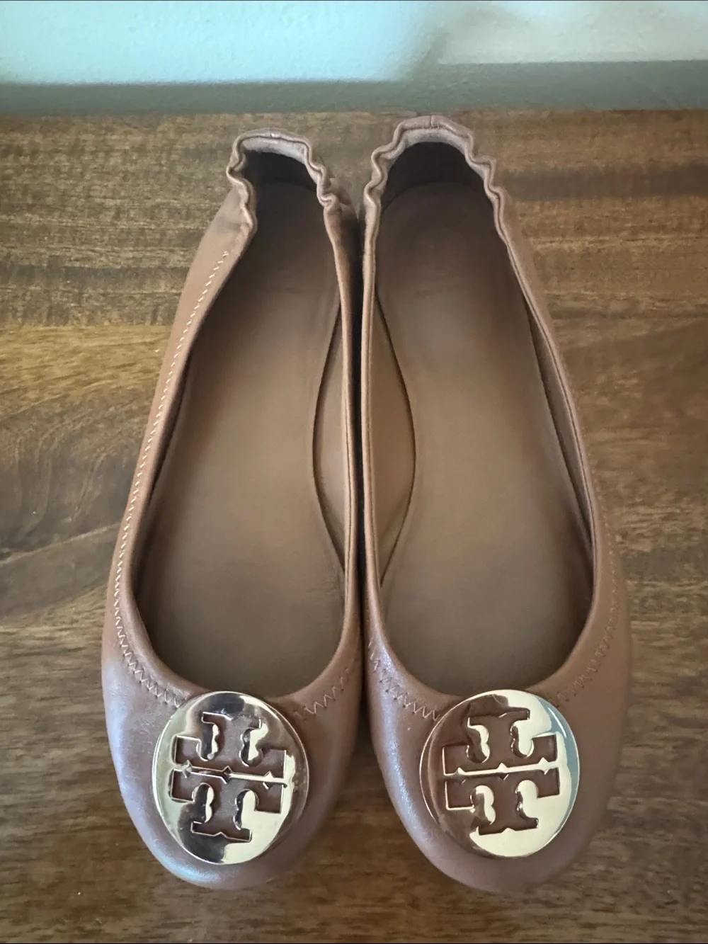 Tory Burch Minnie Travel Ballet Flats Royal Tan Gold Nappa Leather Shoes - 8.5